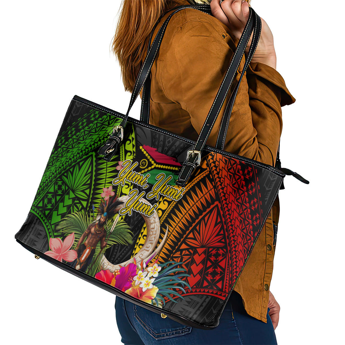 Vanuatu Independence Day Leather Tote Bag Boars Tusk and Melanesian Warrior Indipendens Dei LT03 - Polynesian Pride
