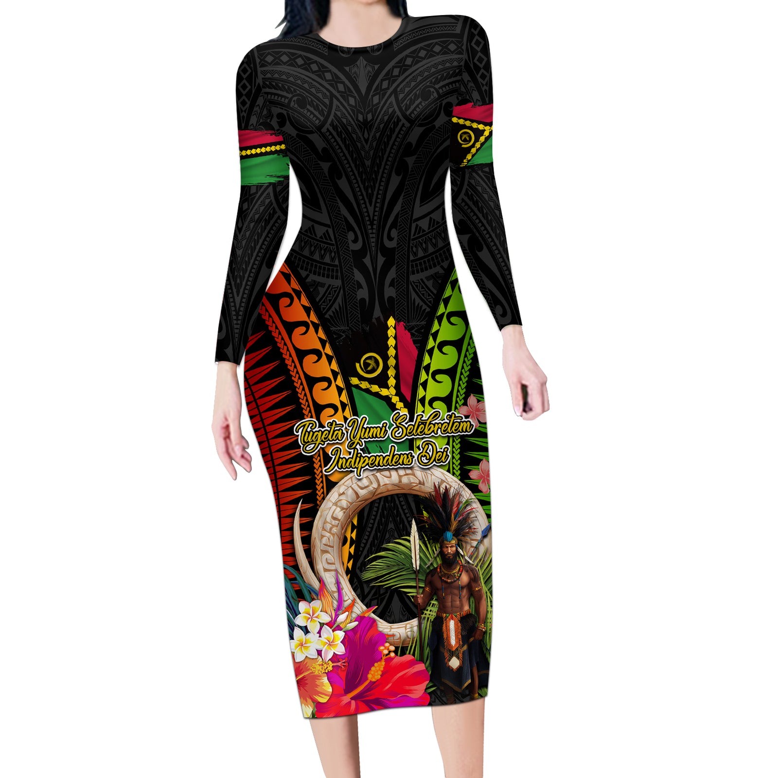 Vanuatu Independence Day Long Sleeve Bodycon Dress Boars Tusk and Melanesian Warrior Indipendens Dei LT03 Long Dress Black - Polynesian Pride