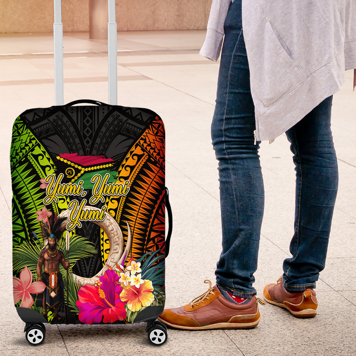 Vanuatu Independence Day Luggage Cover Boars Tusk and Melanesian Warrior Indipendens Dei LT03 Black - Polynesian Pride