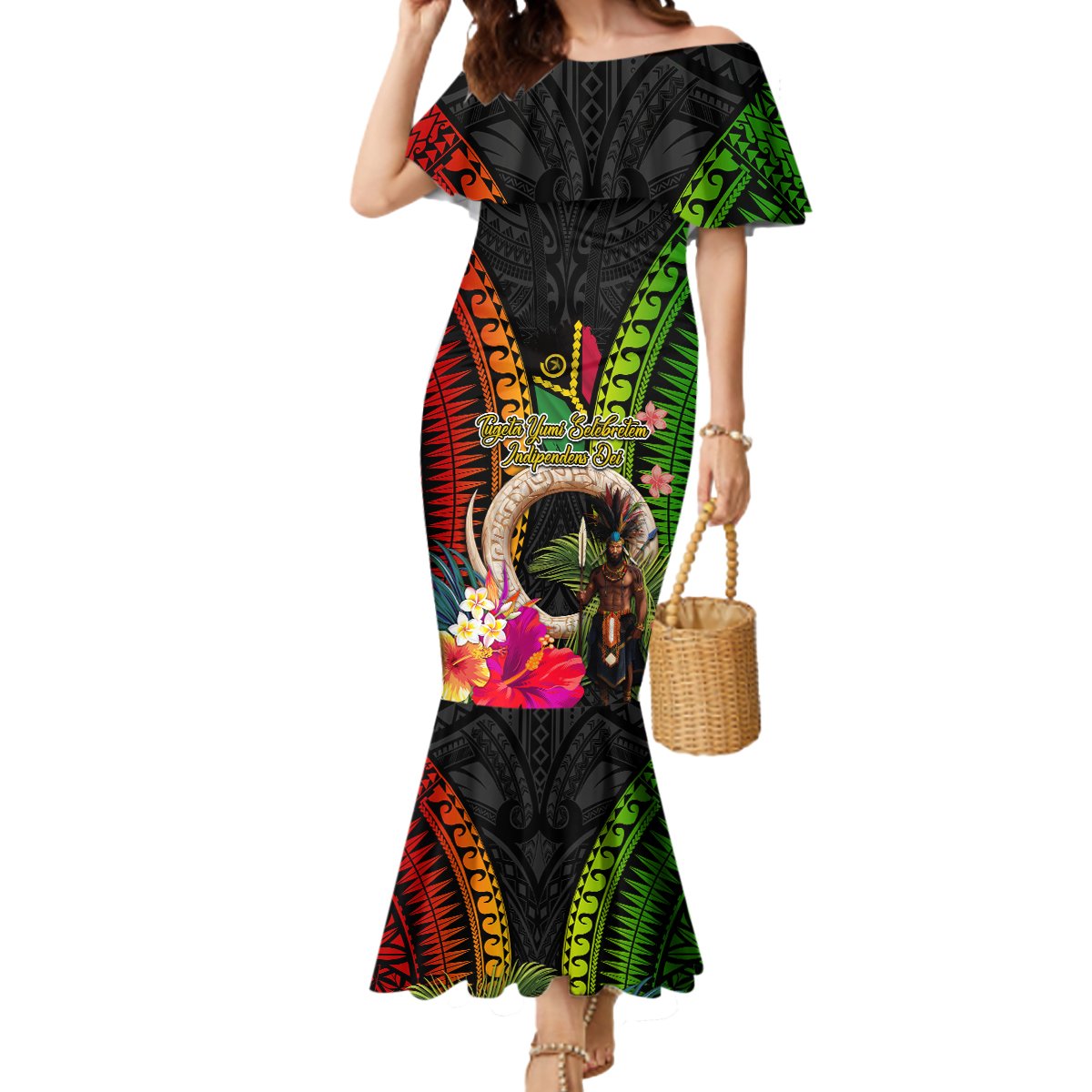 Vanuatu Independence Day Mermaid Dress Boars Tusk and Melanesian Warrior Indipendens Dei LT03 Women Black - Polynesian Pride
