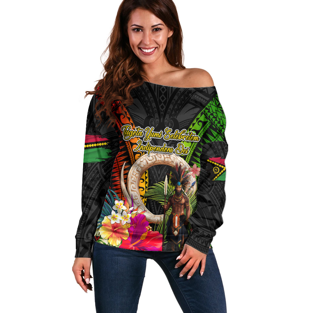 Vanuatu Independence Day Off Shoulder Sweater Boars Tusk and Melanesian Warrior Indipendens Dei LT03 Women Black - Polynesian Pride