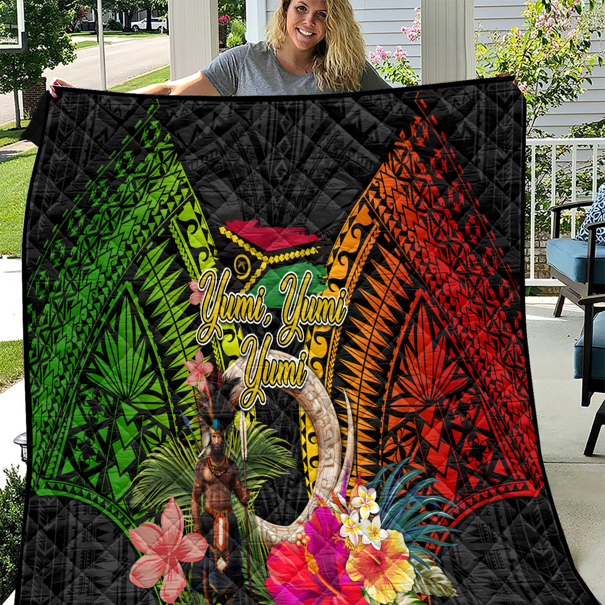 Vanuatu Independence Day Quilt Boars Tusk and Melanesian Warrior Indipendens Dei