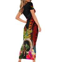 Vanuatu Independence Day Short Sleeve Bodycon Dress Boars Tusk and Melanesian Warrior Indipendens Dei