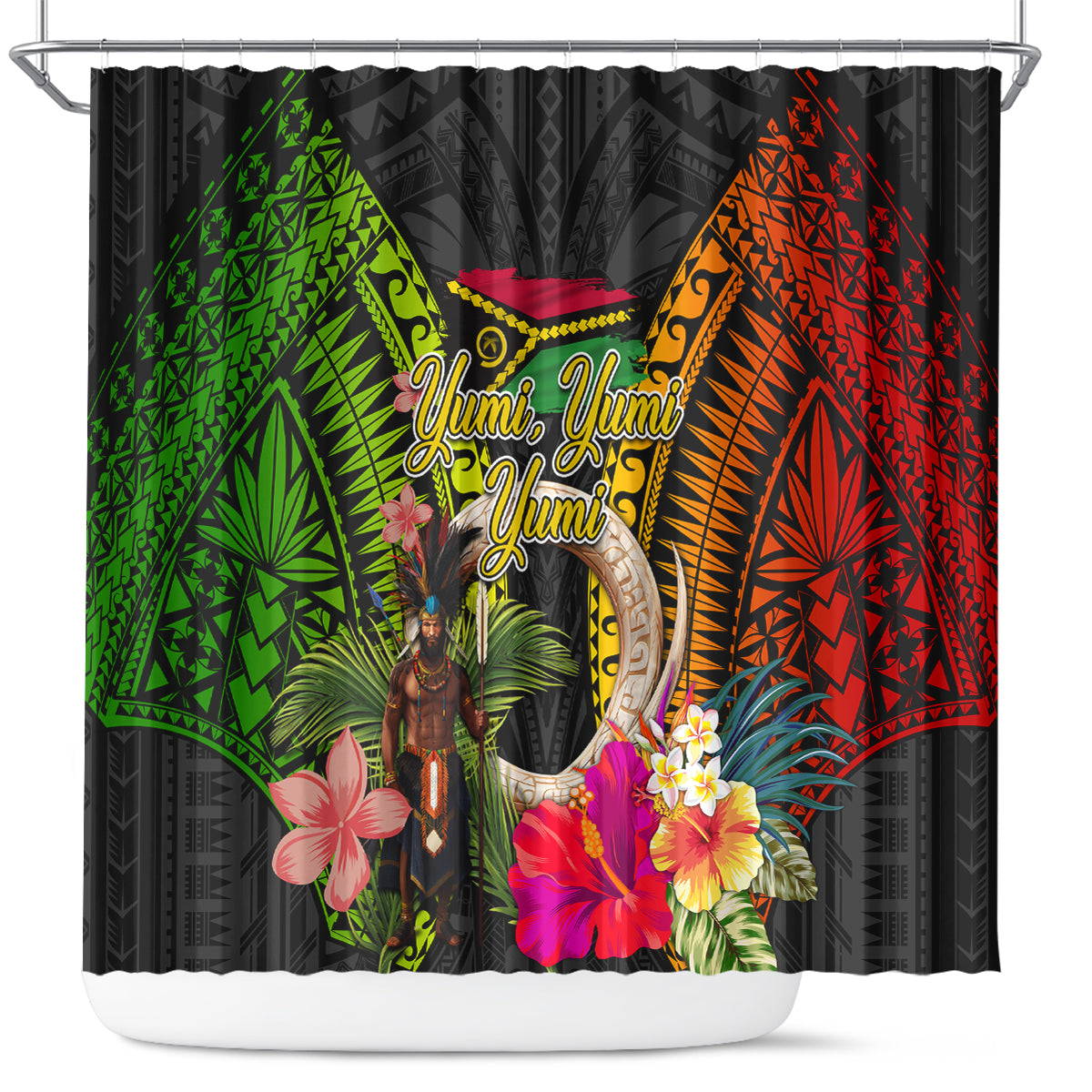 Vanuatu Independence Day Shower Curtain Boars Tusk and Melanesian Warrior Indipendens Dei LT03 Black - Polynesian Pride