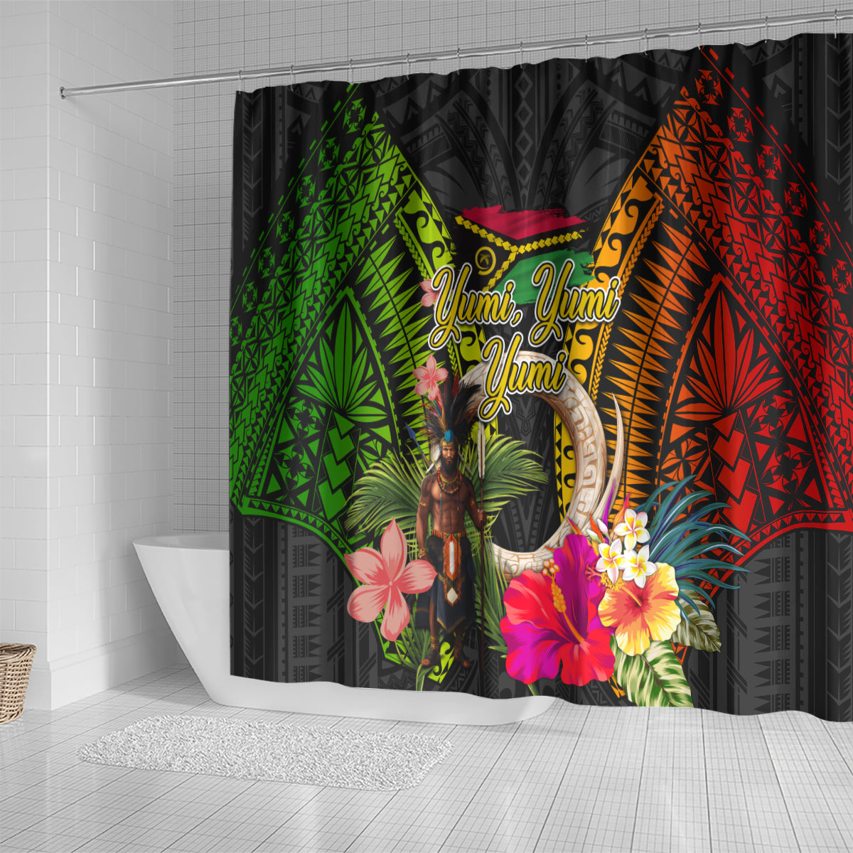 Vanuatu Independence Day Shower Curtain Boars Tusk and Melanesian Warrior Indipendens Dei
