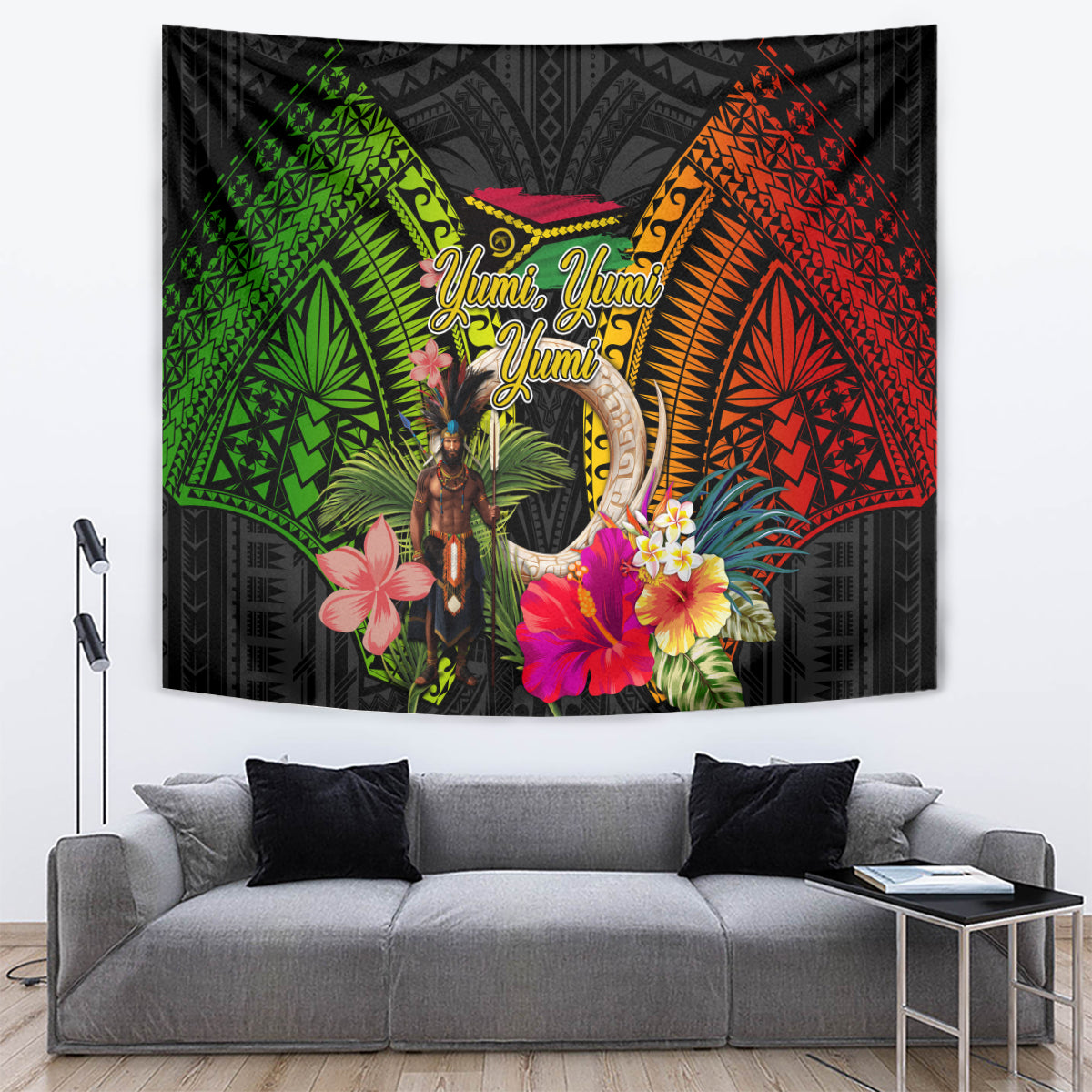 Vanuatu Independence Day Tapestry Boars Tusk and Melanesian Warrior Indipendens Dei LT03 Black - Polynesian Pride