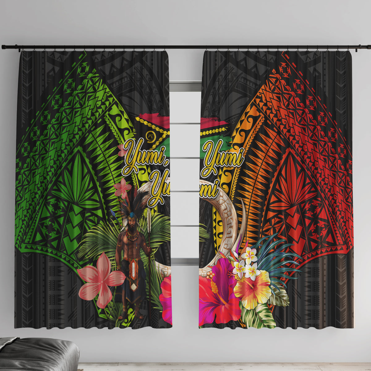 Vanuatu Independence Day Window Curtain Boars Tusk and Melanesian Warrior Indipendens Dei LT03 With Hooks Black - Polynesian Pride