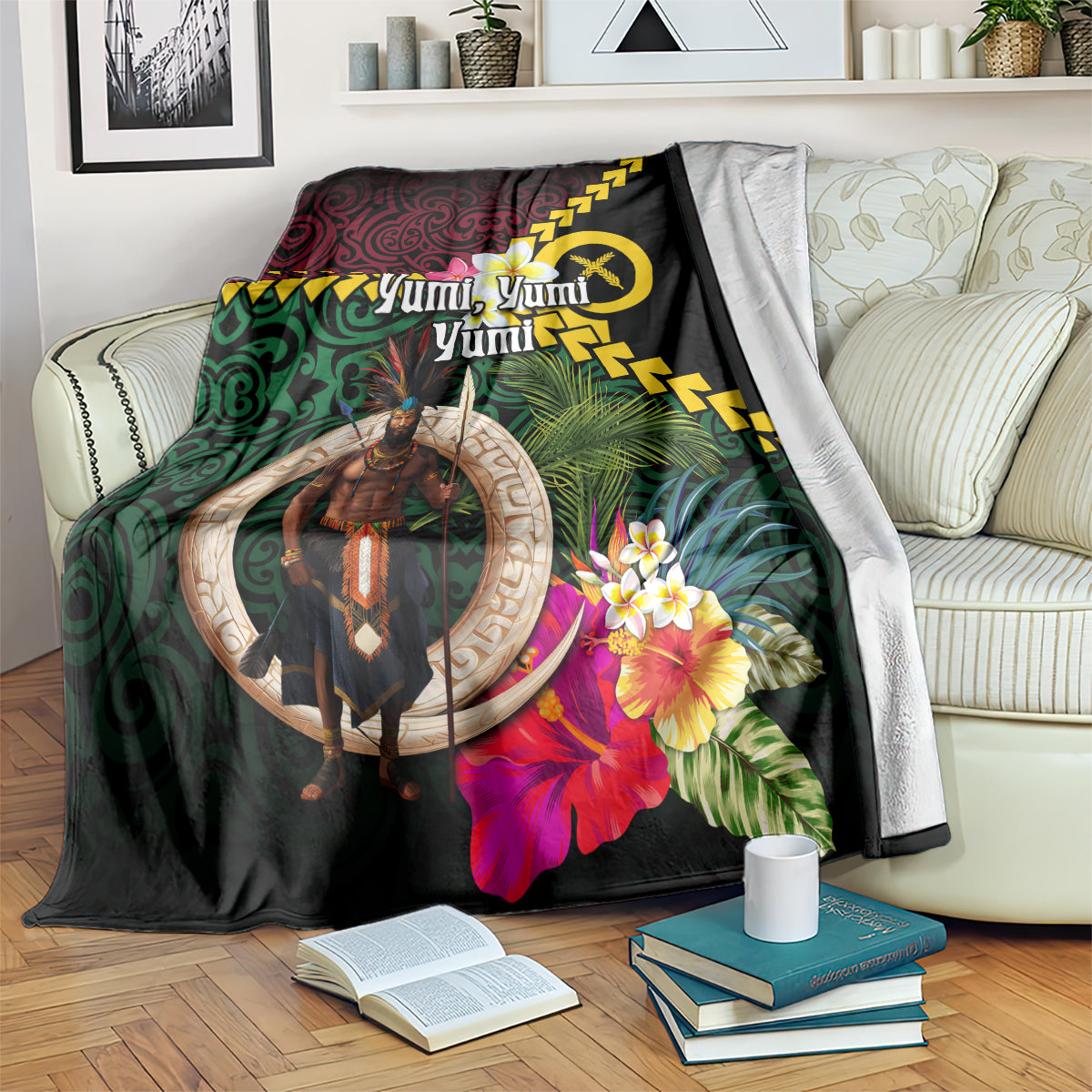 Vanuatu Indipendens Dei Blanket Boars Tusk and Melanesian Warrior Hibiscus LT03 Black - Polynesian Pride