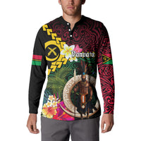 Vanuatu Indipendens Dei Button Sweatshirt Boars Tusk and Melanesian Warrior Hibiscus