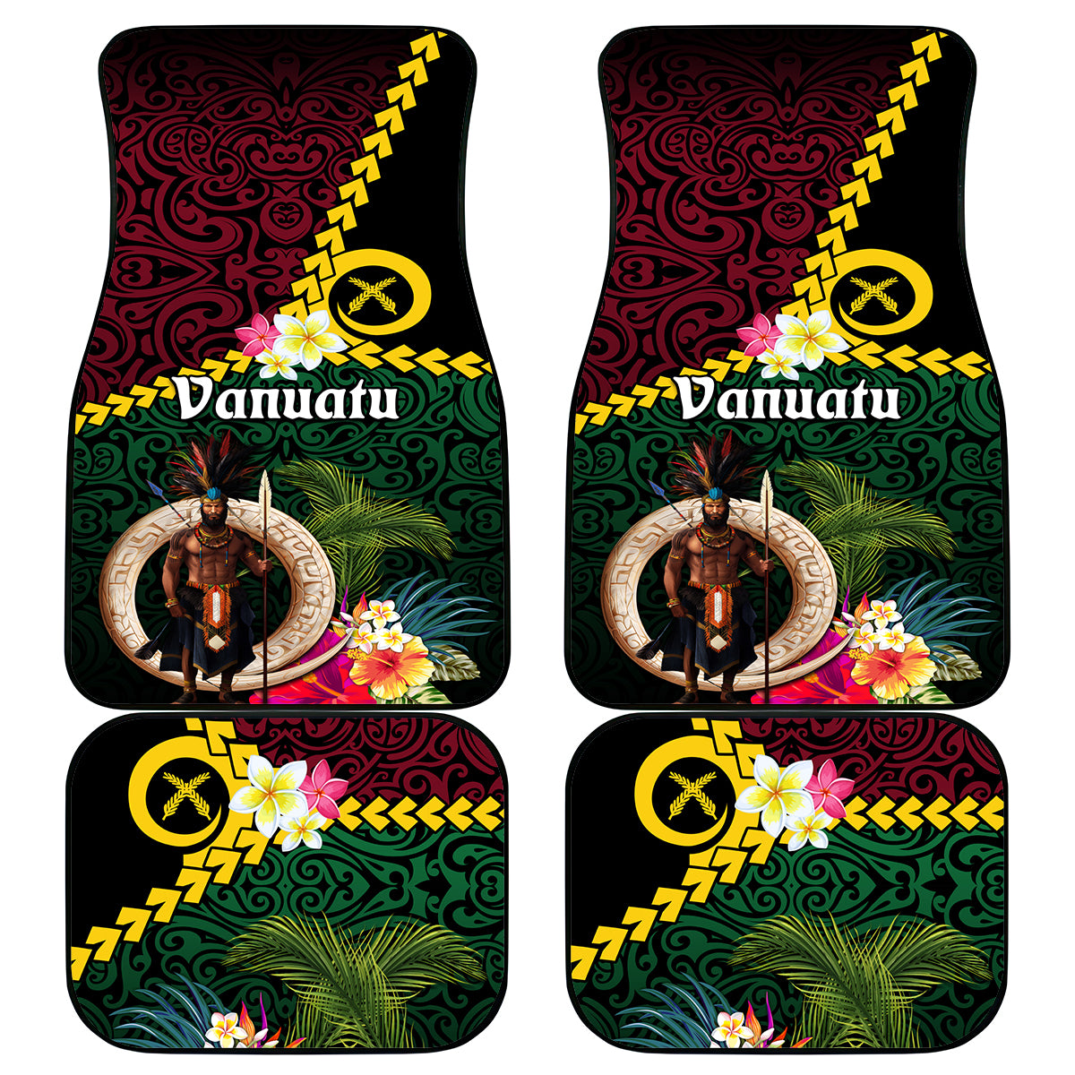 Vanuatu Indipendens Dei Car Mats Boars Tusk and Melanesian Warrior Hibiscus