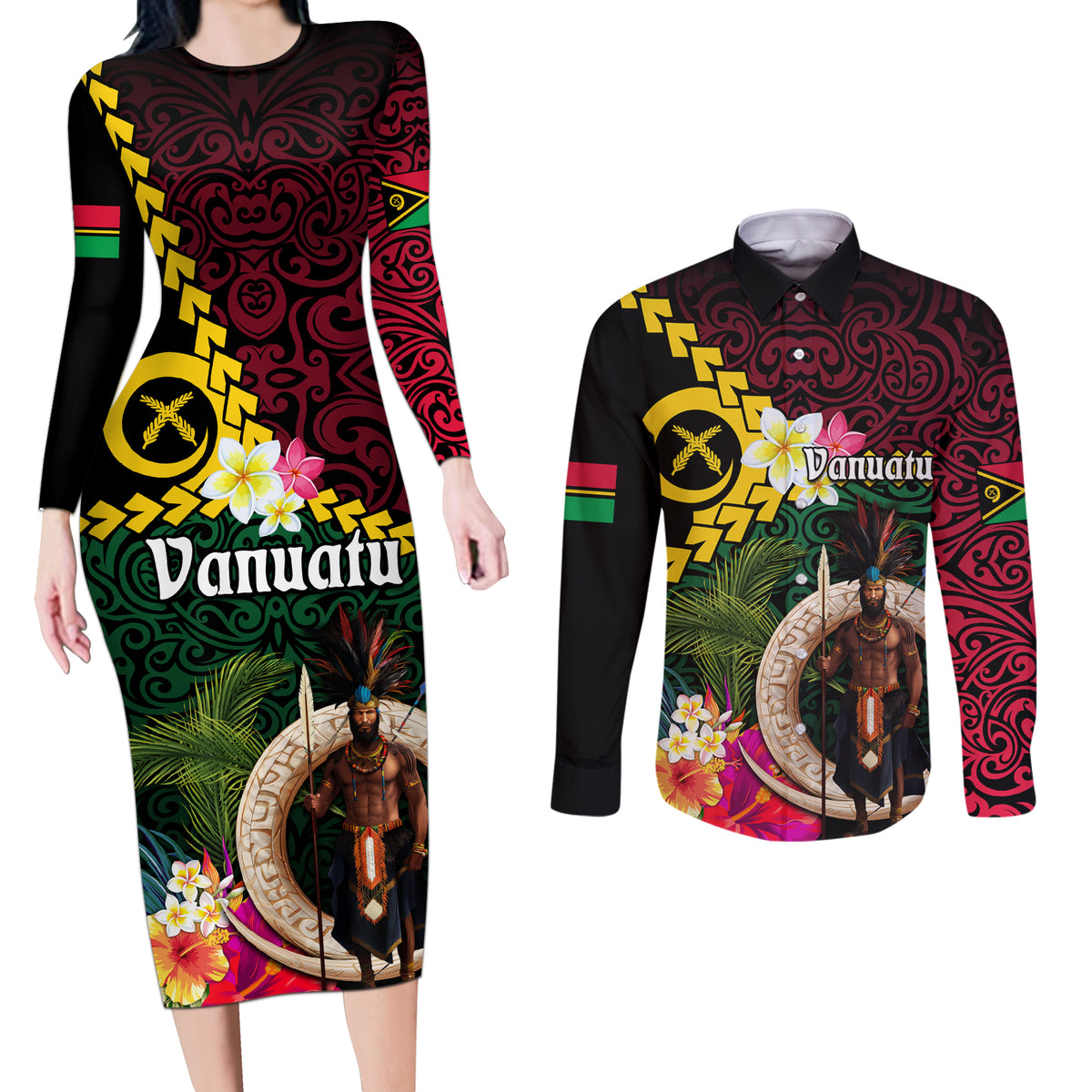 Vanuatu Indipendens Dei Couples Matching Long Sleeve Bodycon Dress and Long Sleeve Button Shirt Boars Tusk and Melanesian Warrior Hibiscus