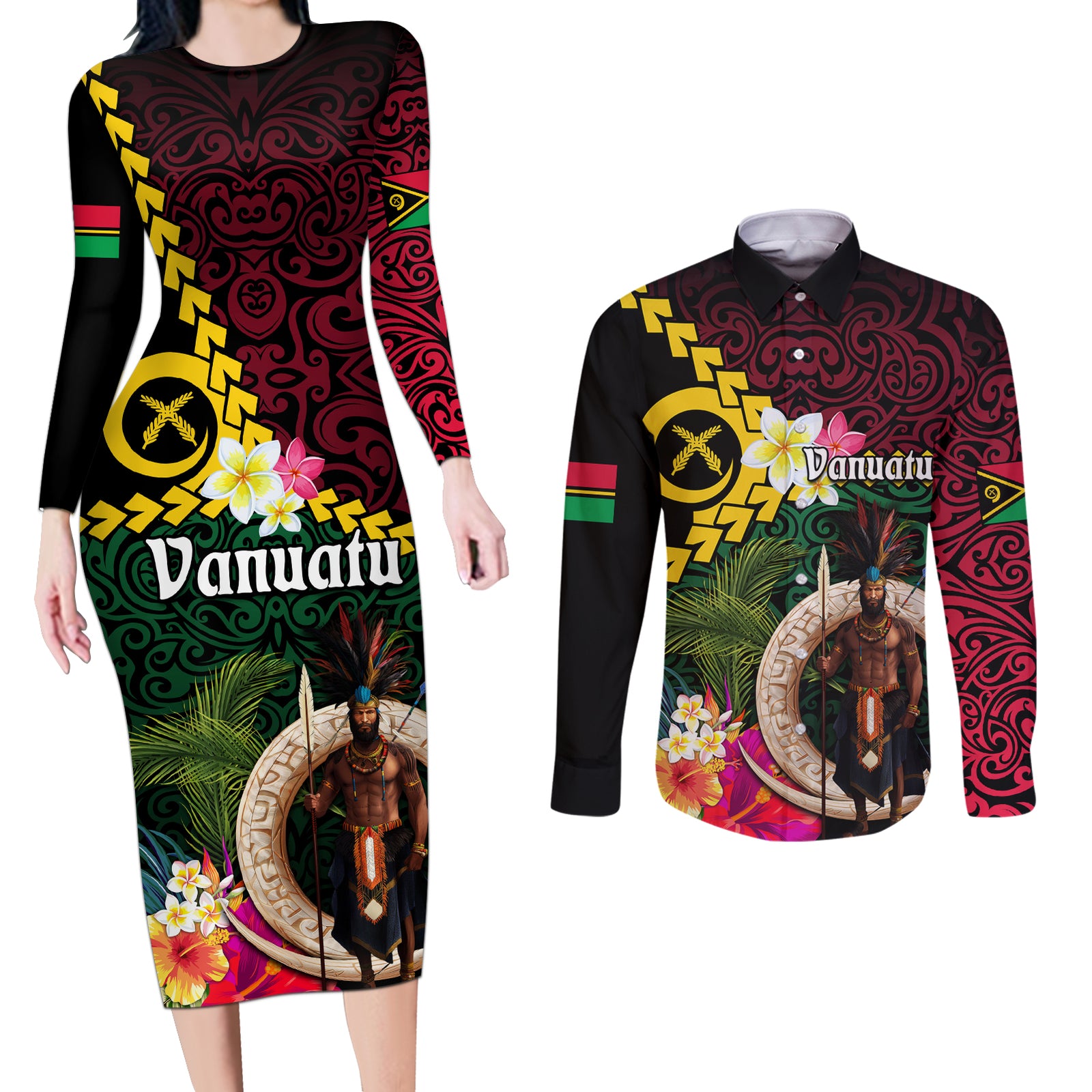 Vanuatu Indipendens Dei Couples Matching Long Sleeve Bodycon Dress and Long Sleeve Button Shirt Boars Tusk and Melanesian Warrior Hibiscus
