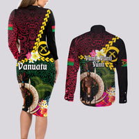 Vanuatu Indipendens Dei Couples Matching Long Sleeve Bodycon Dress and Long Sleeve Button Shirt Boars Tusk and Melanesian Warrior Hibiscus