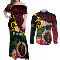 Vanuatu Indipendens Dei Couples Matching Off Shoulder Maxi Dress and Long Sleeve Button Shirt Boars Tusk and Melanesian Warrior Hibiscus