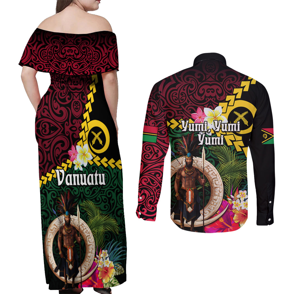 Vanuatu Indipendens Dei Couples Matching Off Shoulder Maxi Dress and Long Sleeve Button Shirt Boars Tusk and Melanesian Warrior Hibiscus