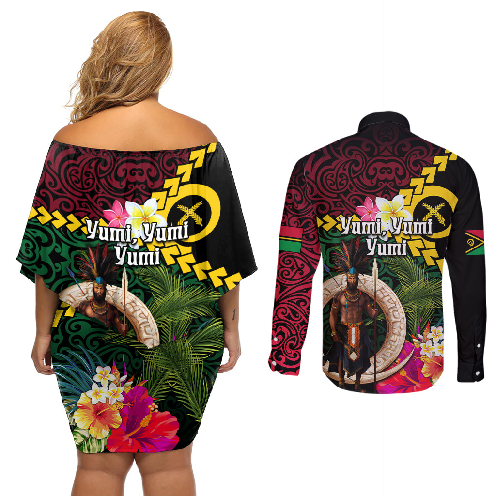 Vanuatu Indipendens Dei Couples Matching Off Shoulder Short Dress and Long Sleeve Button Shirt Boars Tusk and Melanesian Warrior Hibiscus
