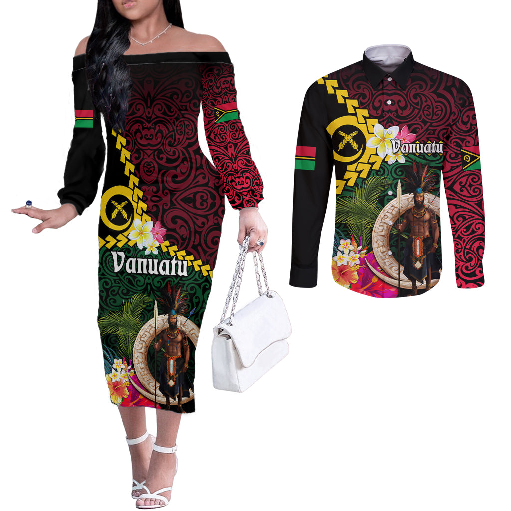 Vanuatu Indipendens Dei Couples Matching Off The Shoulder Long Sleeve Dress and Long Sleeve Button Shirt Boars Tusk and Melanesian Warrior Hibiscus