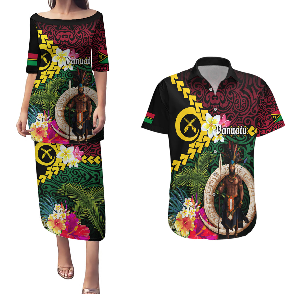 Vanuatu Indipendens Dei Couples Matching Puletasi and Hawaiian Shirt Boars Tusk and Melanesian Warrior Hibiscus