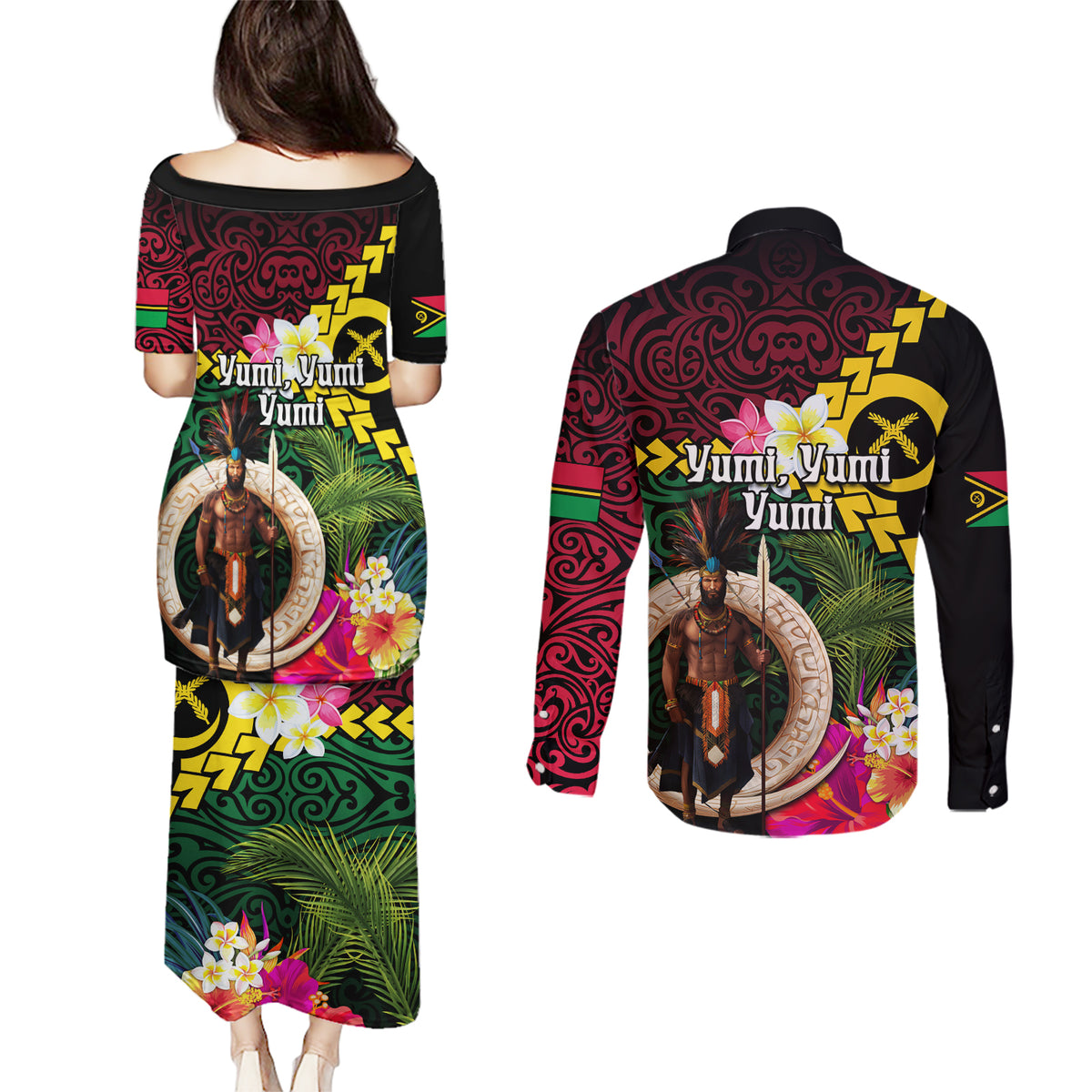 Vanuatu Indipendens Dei Couples Matching Puletasi and Long Sleeve Button Shirt Boars Tusk and Melanesian Warrior Hibiscus