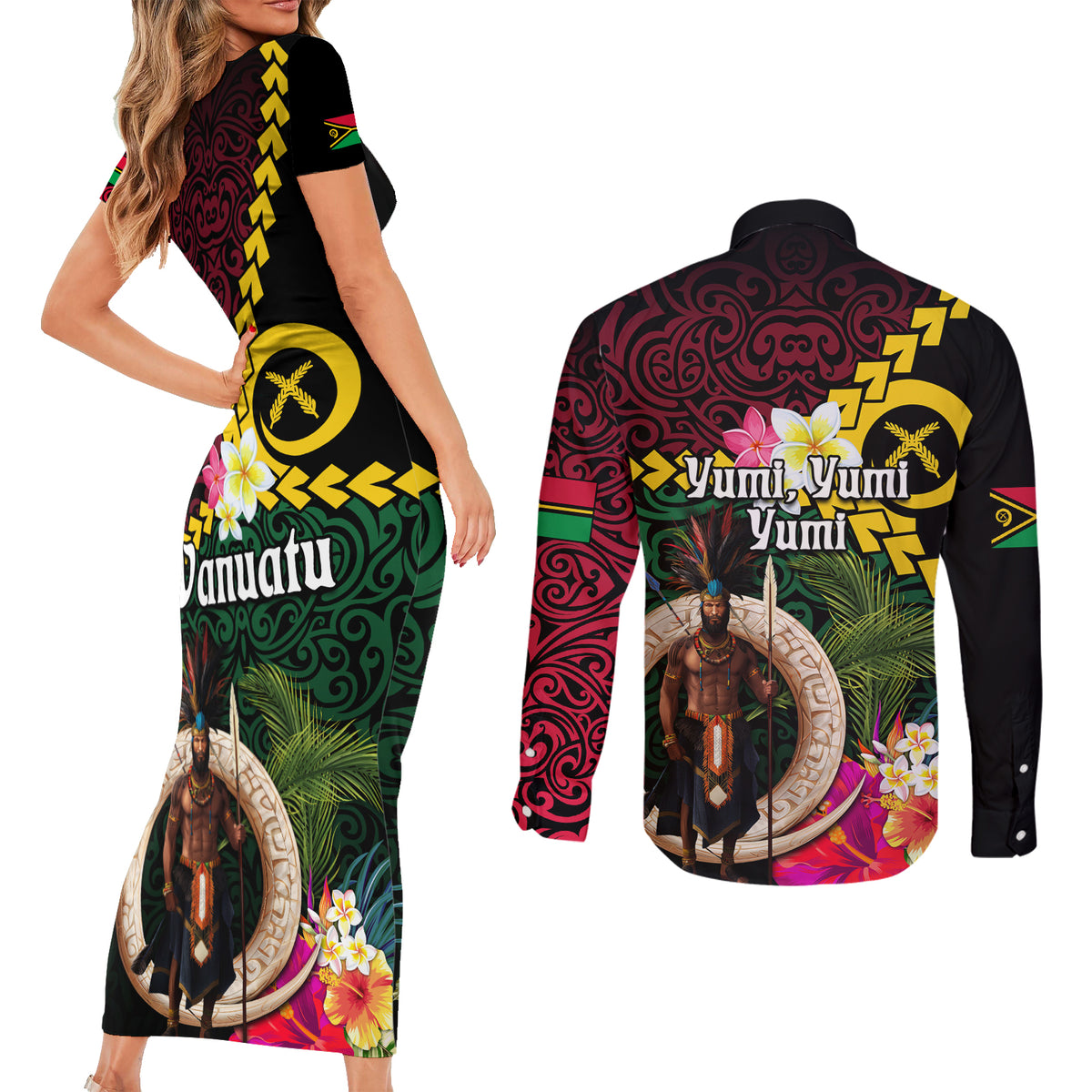 Vanuatu Indipendens Dei Couples Matching Short Sleeve Bodycon Dress and Long Sleeve Button Shirt Boars Tusk and Melanesian Warrior Hibiscus