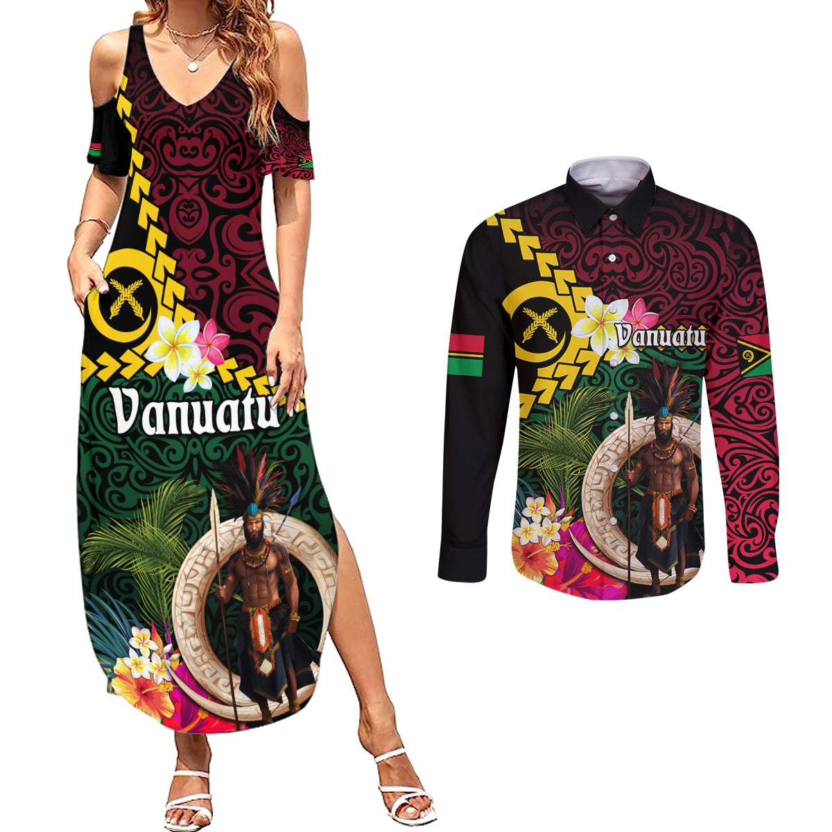 Vanuatu Indipendens Dei Couples Matching Summer Maxi Dress and Long Sleeve Button Shirt Boars Tusk and Melanesian Warrior Hibiscus