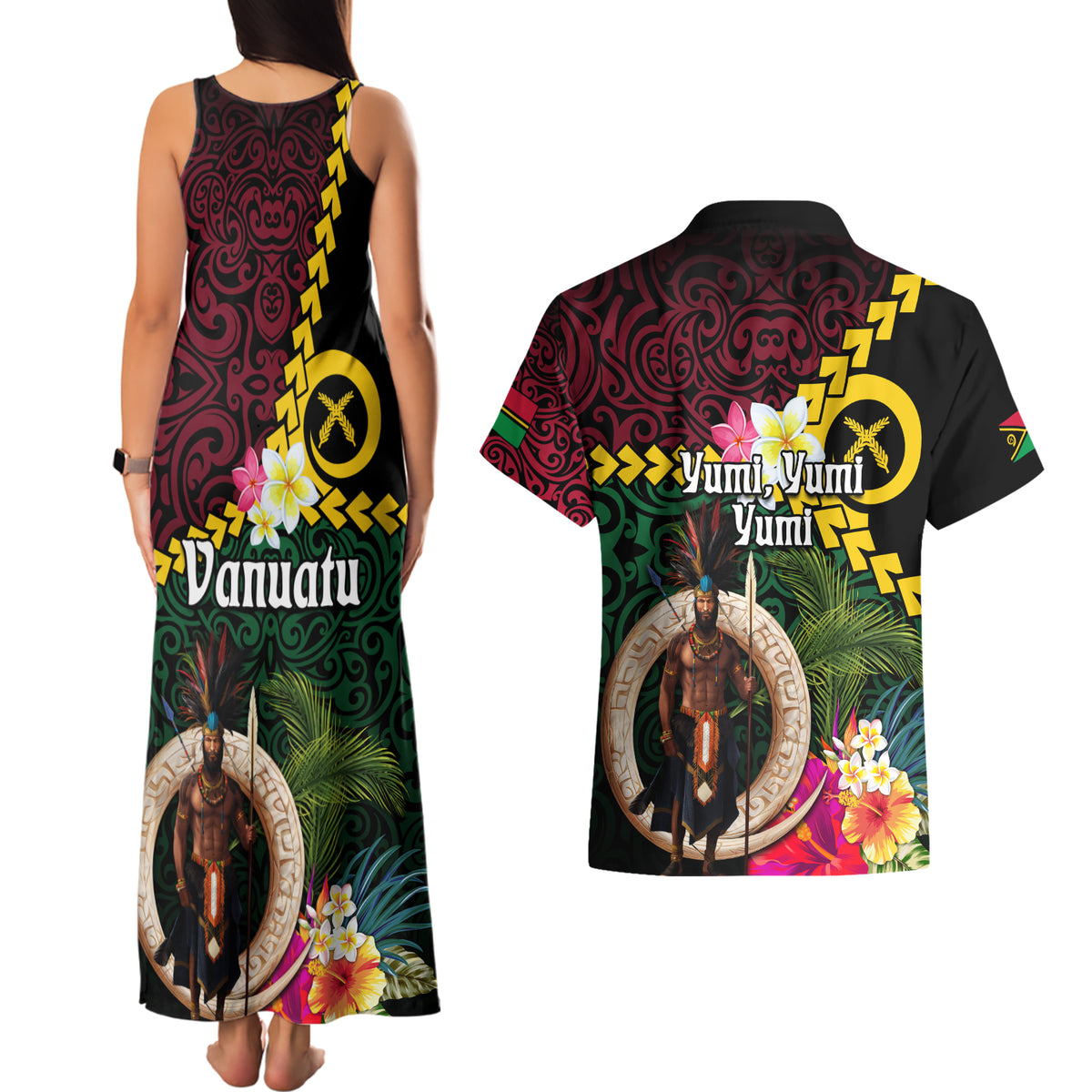 Vanuatu Indipendens Dei Couples Matching Tank Maxi Dress and Hawaiian Shirt Boars Tusk and Melanesian Warrior Hibiscus