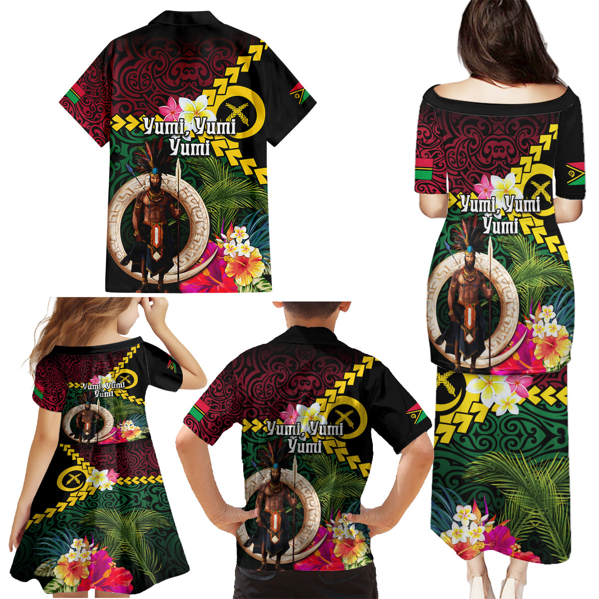 Vanuatu Indipendens Dei Family Matching Puletasi and Hawaiian Shirt Boars Tusk and Melanesian Warrior Hibiscus