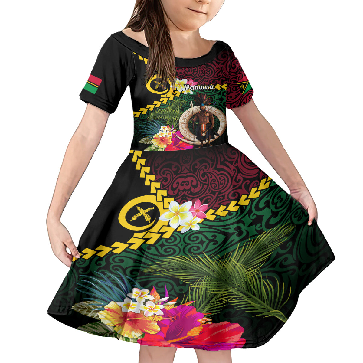 Vanuatu Indipendens Dei Family Matching Tank Maxi Dress and Hawaiian Shirt Boars Tusk and Melanesian Warrior Hibiscus