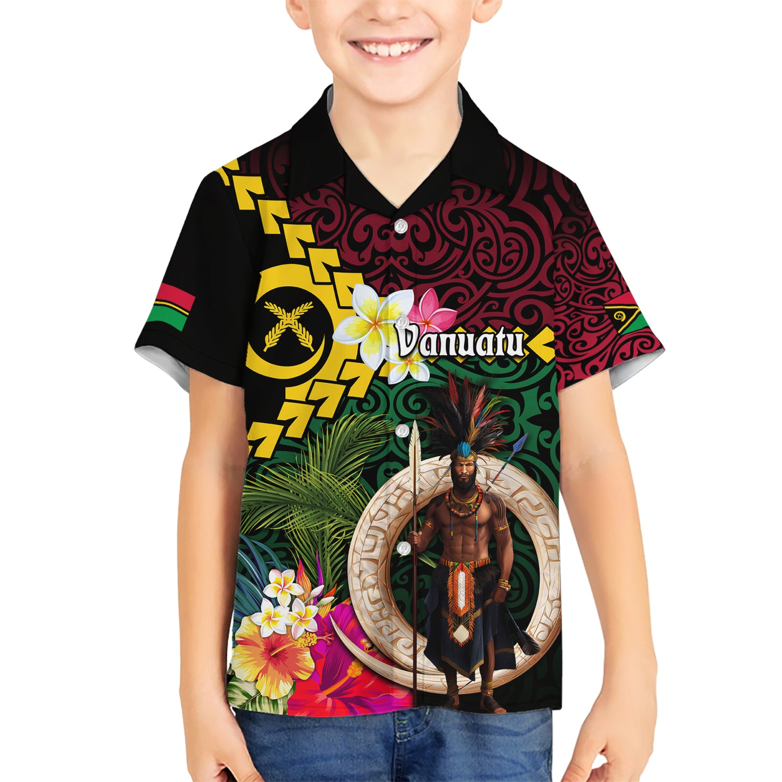 Vanuatu Indipendens Dei Kid Hawaiian Shirt Boars Tusk and Melanesian Warrior Hibiscus