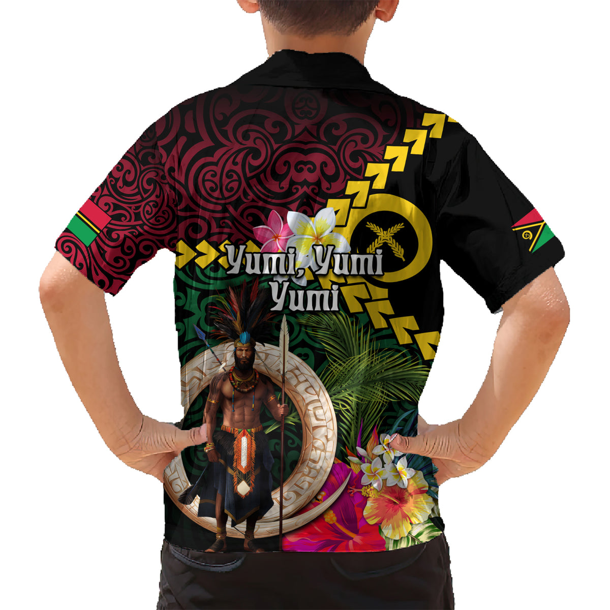 Vanuatu Indipendens Dei Kid Hawaiian Shirt Boars Tusk and Melanesian Warrior Hibiscus