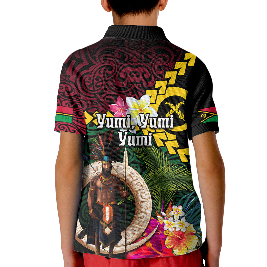 Vanuatu Indipendens Dei Kid Polo Shirt Boars Tusk and Melanesian Warrior Hibiscus