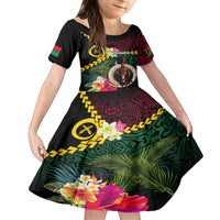 Vanuatu Indipendens Dei Kid Short Sleeve Dress Boars Tusk and Melanesian Warrior Hibiscus