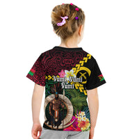 Vanuatu Indipendens Dei Kid T Shirt Boars Tusk and Melanesian Warrior Hibiscus