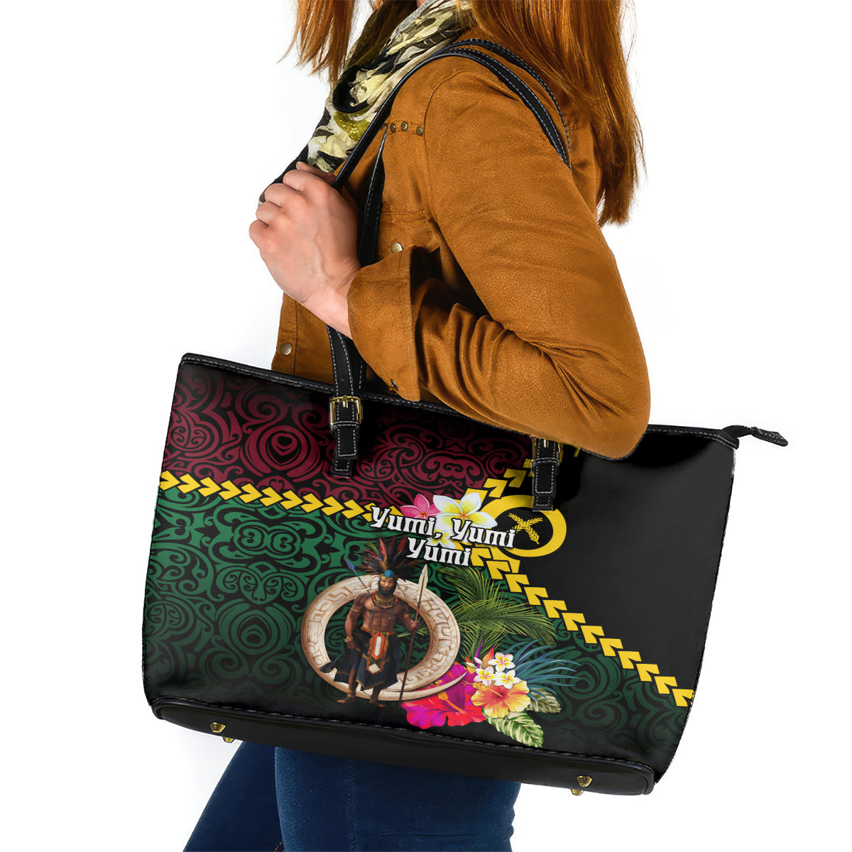 Vanuatu Indipendens Dei Leather Tote Bag Boars Tusk and Melanesian Warrior Hibiscus LT03 Black - Polynesian Pride