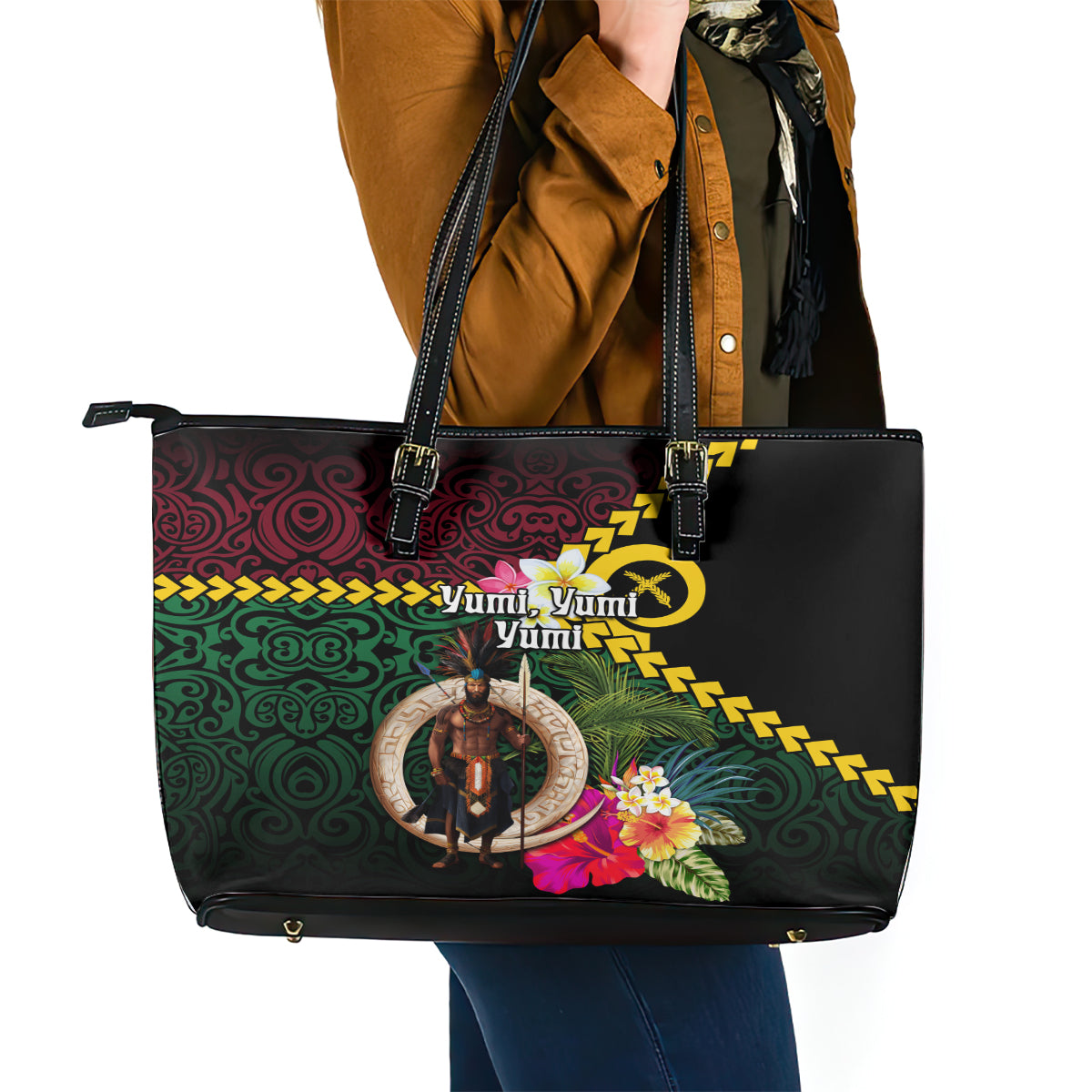 Vanuatu Indipendens Dei Leather Tote Bag Boars Tusk and Melanesian Warrior Hibiscus LT03 - Polynesian Pride