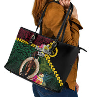 Vanuatu Indipendens Dei Leather Tote Bag Boars Tusk and Melanesian Warrior Hibiscus LT03 - Polynesian Pride
