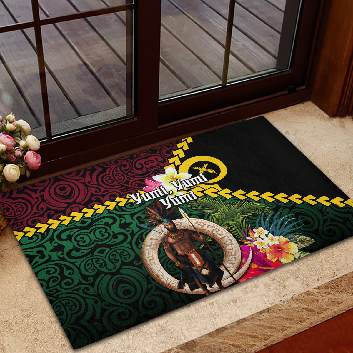 Vanuatu Indipendens Dei Rubber Doormat Boars Tusk and Melanesian Warrior Hibiscus
