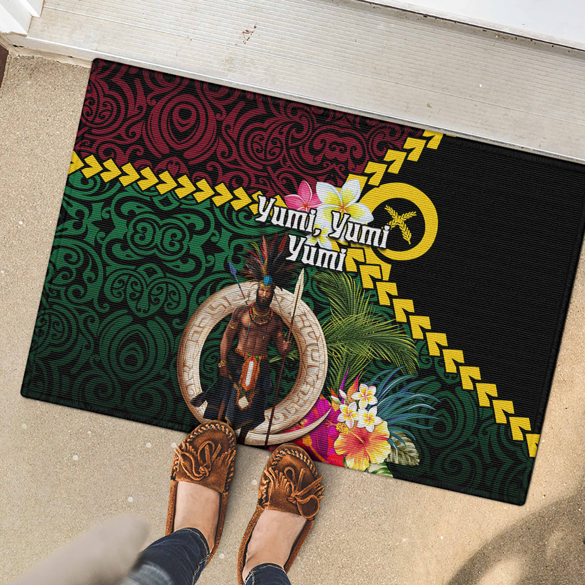 Vanuatu Indipendens Dei Rubber Doormat Boars Tusk and Melanesian Warrior Hibiscus