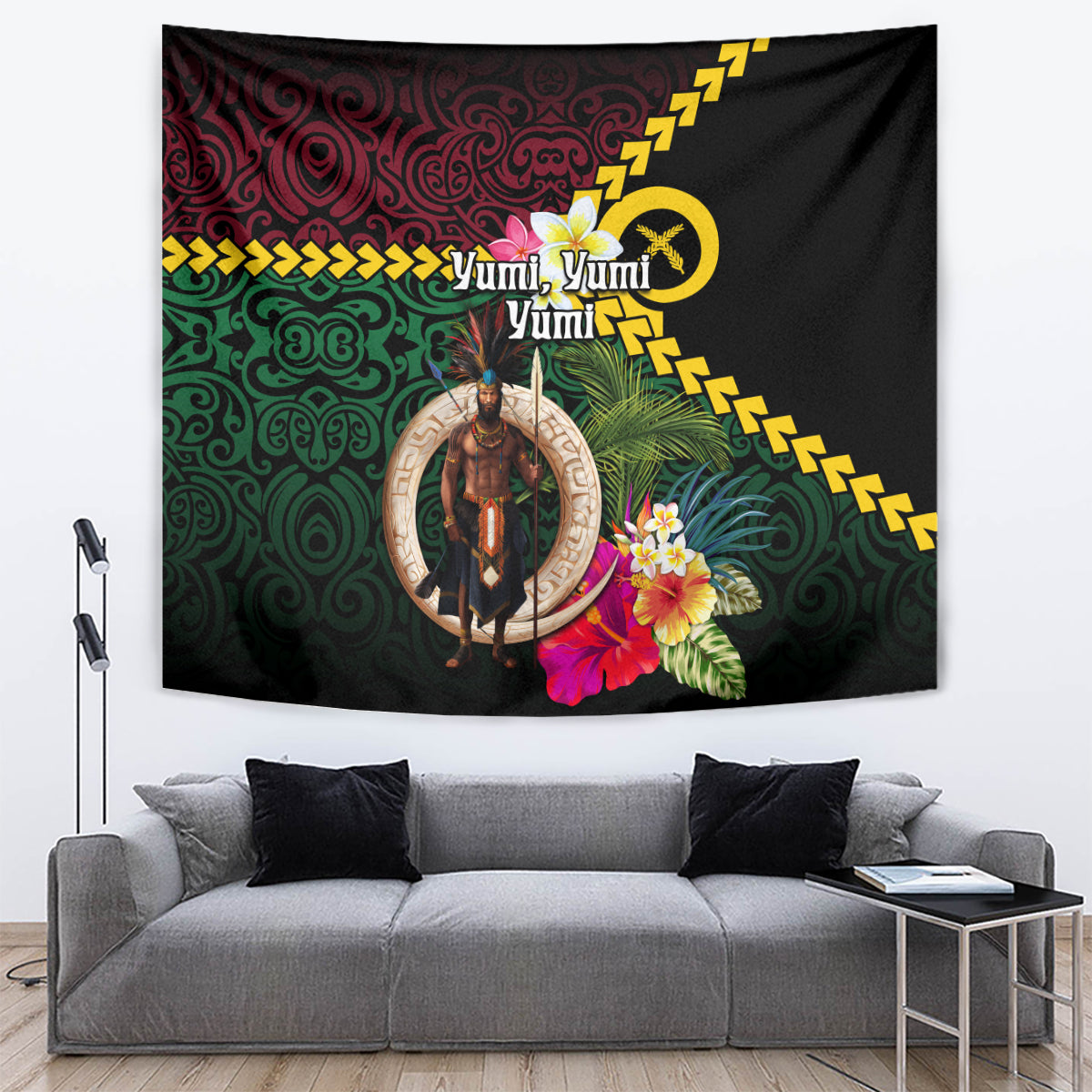 Vanuatu Indipendens Dei Tapestry Boars Tusk and Melanesian Warrior Hibiscus LT03 Black - Polynesian Pride