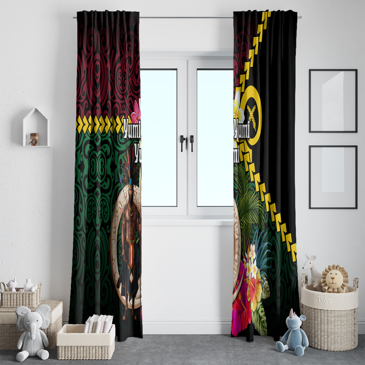 Vanuatu Indipendens Dei Window Curtain Boars Tusk and Melanesian Warrior Hibiscus