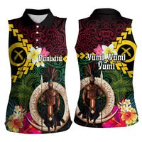 Vanuatu Indipendens Dei Women Sleeveless Polo Shirt Boars Tusk and Melanesian Warrior Hibiscus