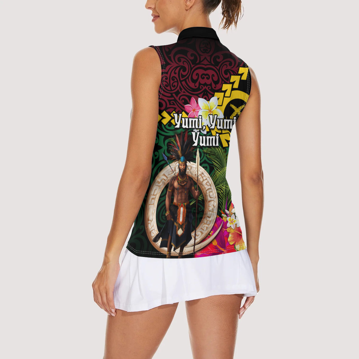 Vanuatu Indipendens Dei Women Sleeveless Polo Shirt Boars Tusk and Melanesian Warrior Hibiscus