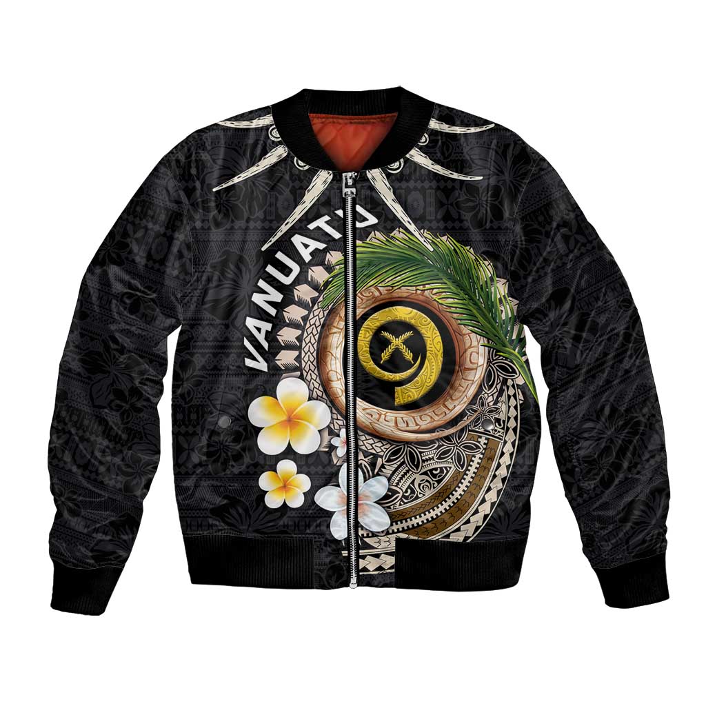 Vanuatu Independence Day Bomber Jacket Melanesian Tribal Pig Tusk with Tropical Plants LT03 Unisex Black - Polynesian Pride