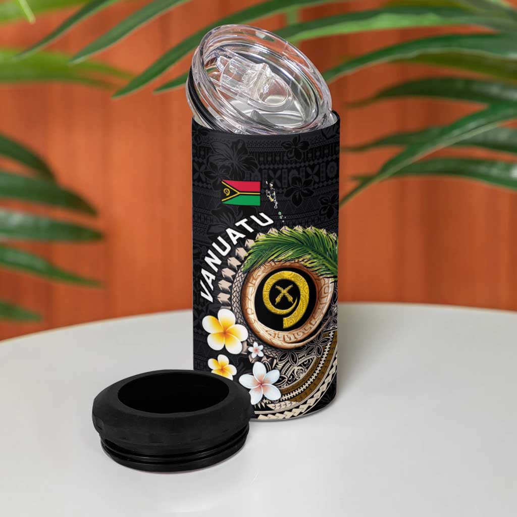 Vanuatu Independence Day 4 in 1 Can Cooler Tumbler Melanesian Tribal Pig Tusk with Tropical Plants