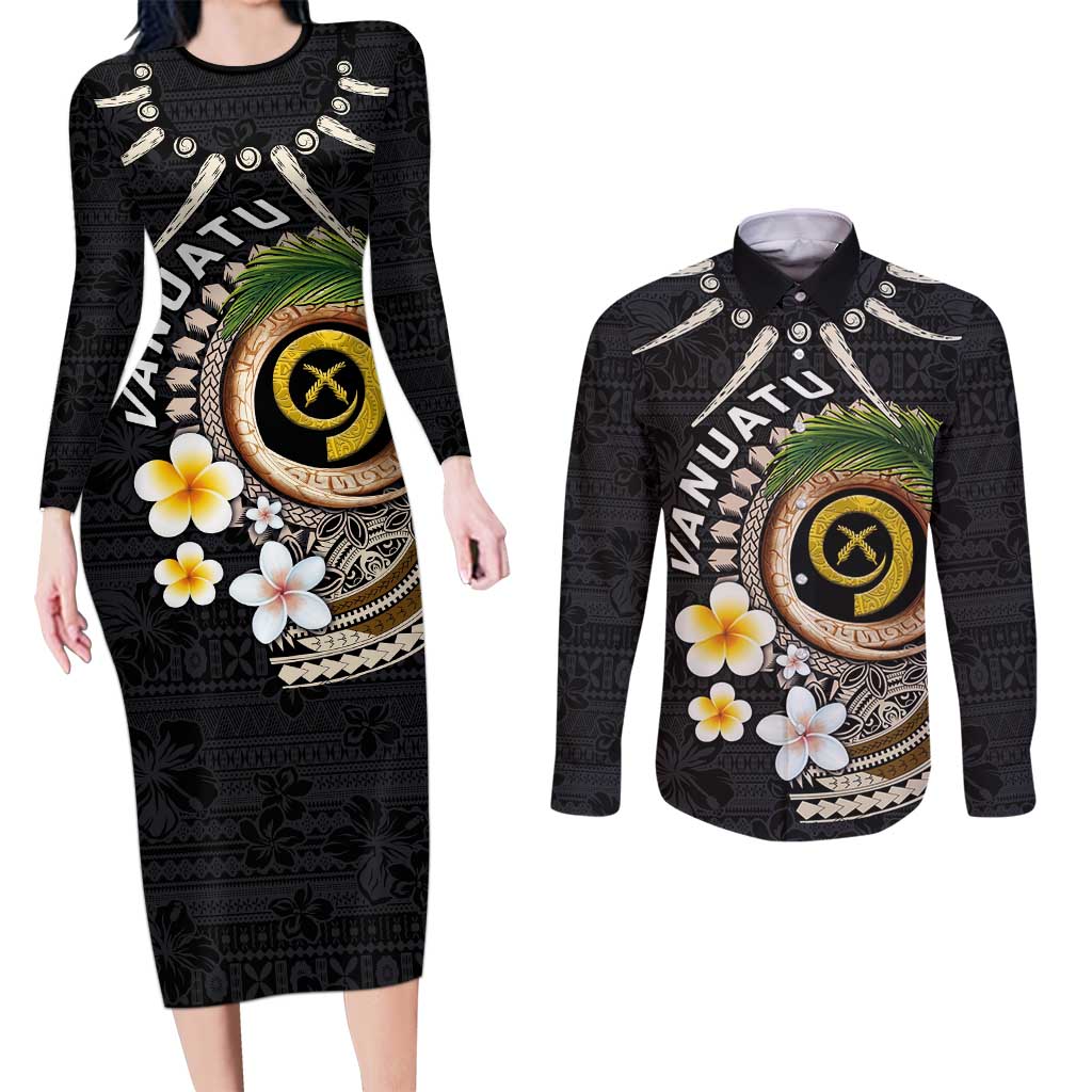 Vanuatu Independence Day Couples Matching Long Sleeve Bodycon Dress and Long Sleeve Button Shirt Melanesian Tribal Pig Tusk with Tropical Plants