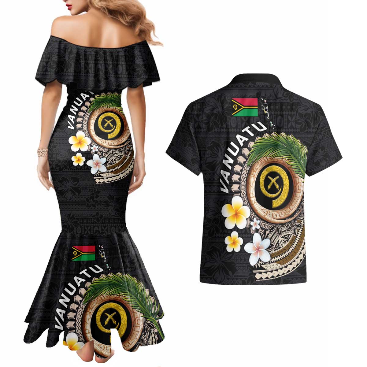 Vanuatu Independence Day Couples Matching Mermaid Dress and Hawaiian Shirt Melanesian Tribal Pig Tusk with Tropical Plants
