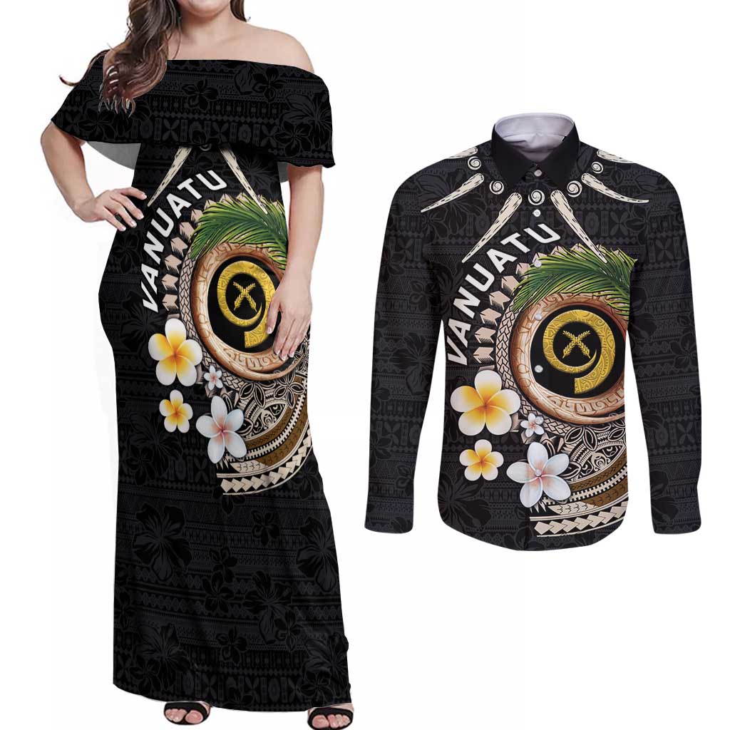 Vanuatu Independence Day Couples Matching Off Shoulder Maxi Dress and Long Sleeve Button Shirt Melanesian Tribal Pig Tusk with Tropical Plants
