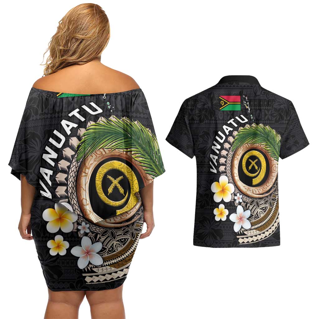 Vanuatu Independence Day Couples Matching Off Shoulder Short Dress and Hawaiian Shirt Melanesian Tribal Pig Tusk with Tropical Plants
