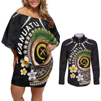 Vanuatu Independence Day Couples Matching Off Shoulder Short Dress and Long Sleeve Button Shirt Melanesian Tribal Pig Tusk with Tropical Plants