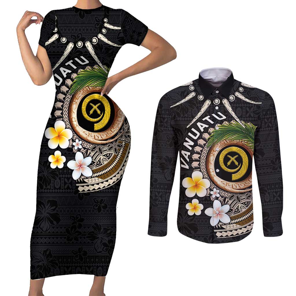 Vanuatu Independence Day Couples Matching Short Sleeve Bodycon Dress and Long Sleeve Button Shirt Melanesian Tribal Pig Tusk with Tropical Plants